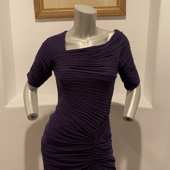 Tadashi Shoji Navy Asymmetrical Ruched Sleeve Gown - Picture 4 of 13